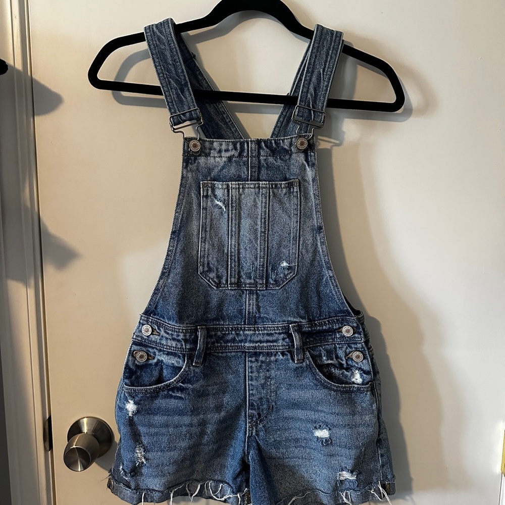 Denim Short Overalls - Blue Distressed